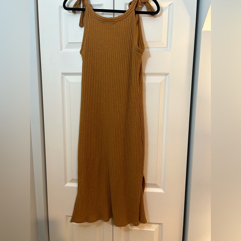 Lulus Ribbed Knit Midi Dress Camel Mustard Brown Tie Shoulder Size M - Picture 3 of 5